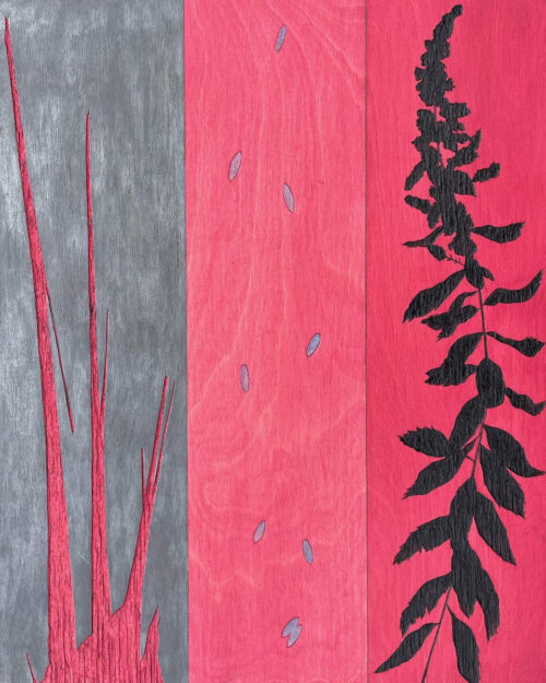 Bob Armstrong "Rose Spirea, Missoula Acrylic on carved panel 20 in. x 16 in.